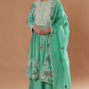 Green Chanderi Embroidered A-Line Kurta Set