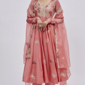 Peach Chanderi Embroidered Kurta Set