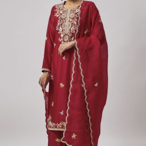 Red Chanderi Embroidered Kurta Set