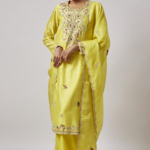 Yellow Chanderi Embroidered Kurta Set