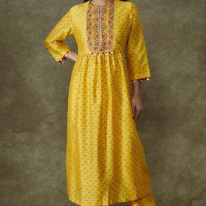 Yellow Chanderi Bandhani Printed Kurta Set