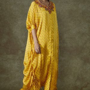 Yellow Satin Bandhani Printed Kurta Set