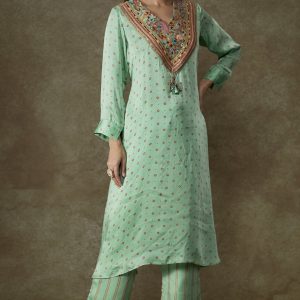 Turquoise Satin Bandhani Printed Kurta Set