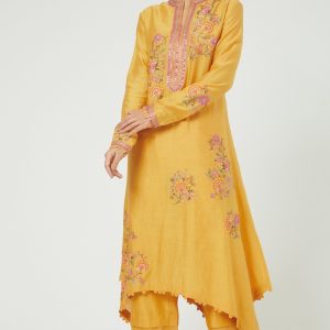 Mustard Asymmetrical Kurta Set With Embroidery