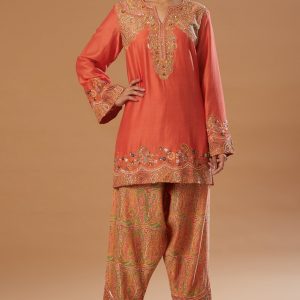 Orange Chanderi Embroidered Kurta Set