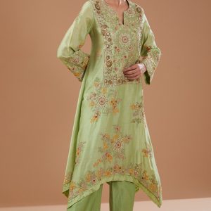 Green Chanderi Shimmer Dori Embroidered Hanky Kurta Set