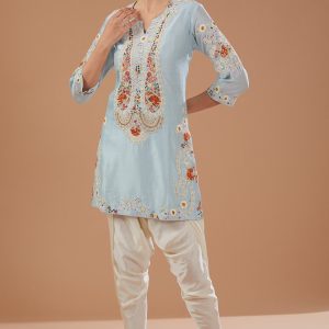 Blue Chanderi Paisley Embroidered Short Kurta Set