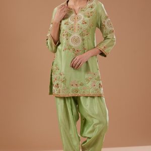 Green Chanderi Shimmer Dori Embroidered Short Kurta Set