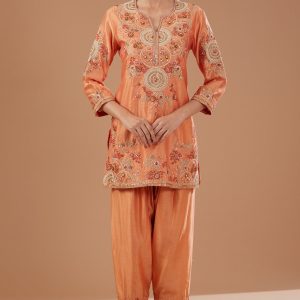 Orange Chanderi Shimmer Dori Embroidered Kurta Set
