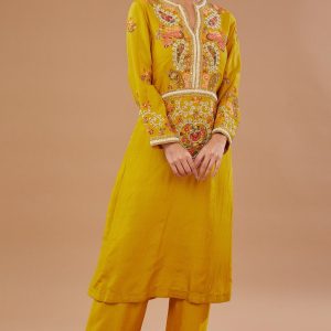 Yellow Silk & Chanderi Paisley Embroidered Kurta Set