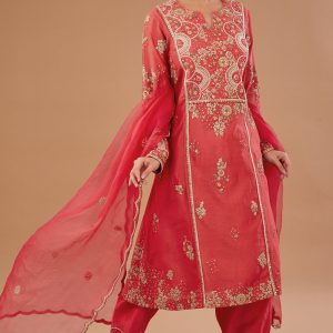 Red Chanderi Dori Embroidered Kurta Set