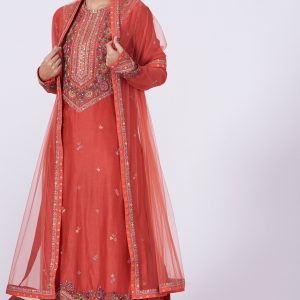 Red Embroidered Straight Kurta Set