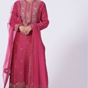 Fuchsia Embroidered Straight Kurta Set