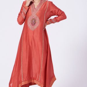 Brick Red Embroidered Straight Kurta Set