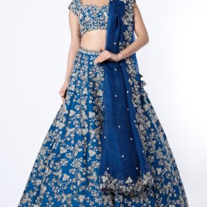 Blue embroidered lehenga set with beadwork and sequins for bridal and festive wear from CoutureCraze