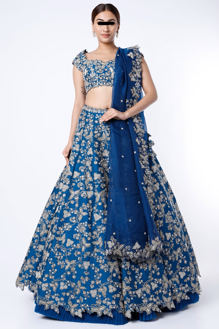 Blue embroidered lehenga set with beadwork and sequins for bridal and festive wear from CoutureCraze