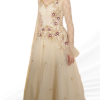 Full-length view of a beige designer gown featuring sheer lattice sleeves and a cinched waist ribbon.