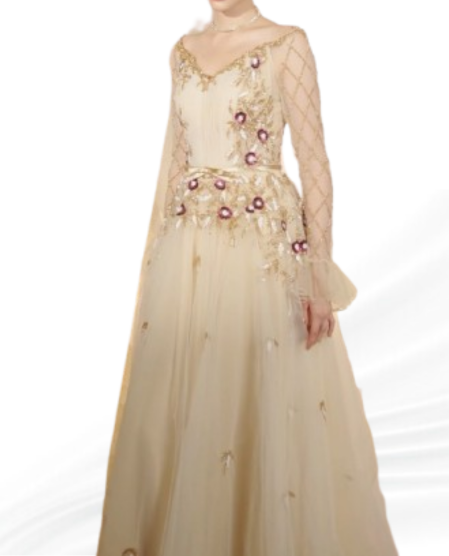 Full-length view of a beige designer gown featuring sheer lattice sleeves and a cinched waist ribbon.