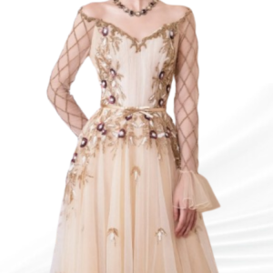 Elegant formal dress with V-neckline and detailed floral vine embroidery for weddings or galas.