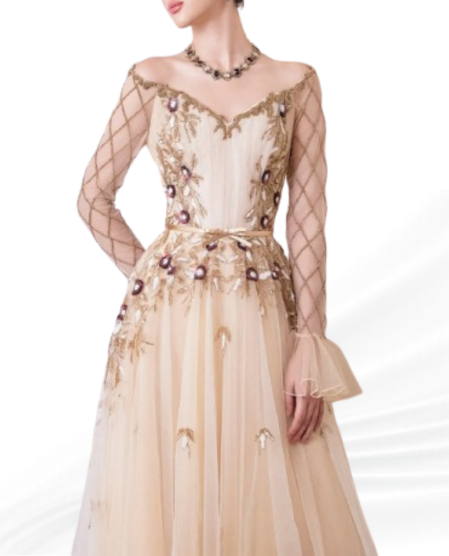 Elegant formal dress with V-neckline and detailed floral vine embroidery for weddings or galas.