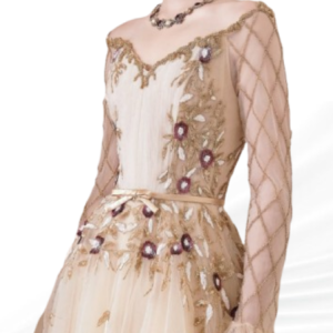 Elegant formal dress with V-neckline and detailed floral vine embroidery for weddings or galas.