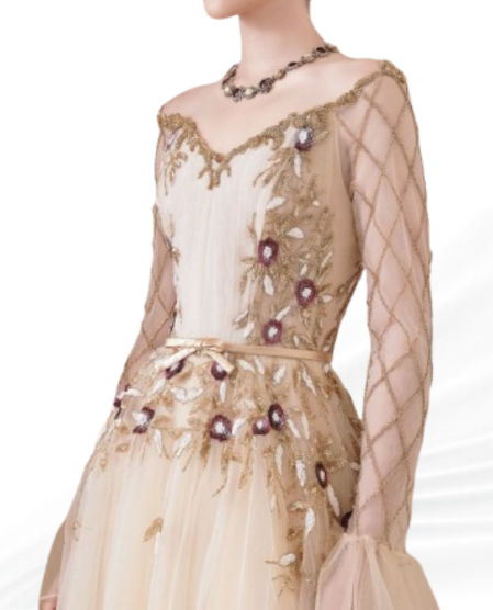 Elegant formal dress with V-neckline and detailed floral vine embroidery for weddings or galas.