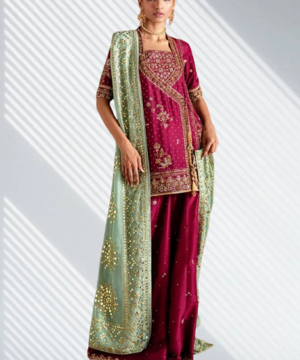 Front view of designer maroon sharara set with gold thread embroidery and festive styling.