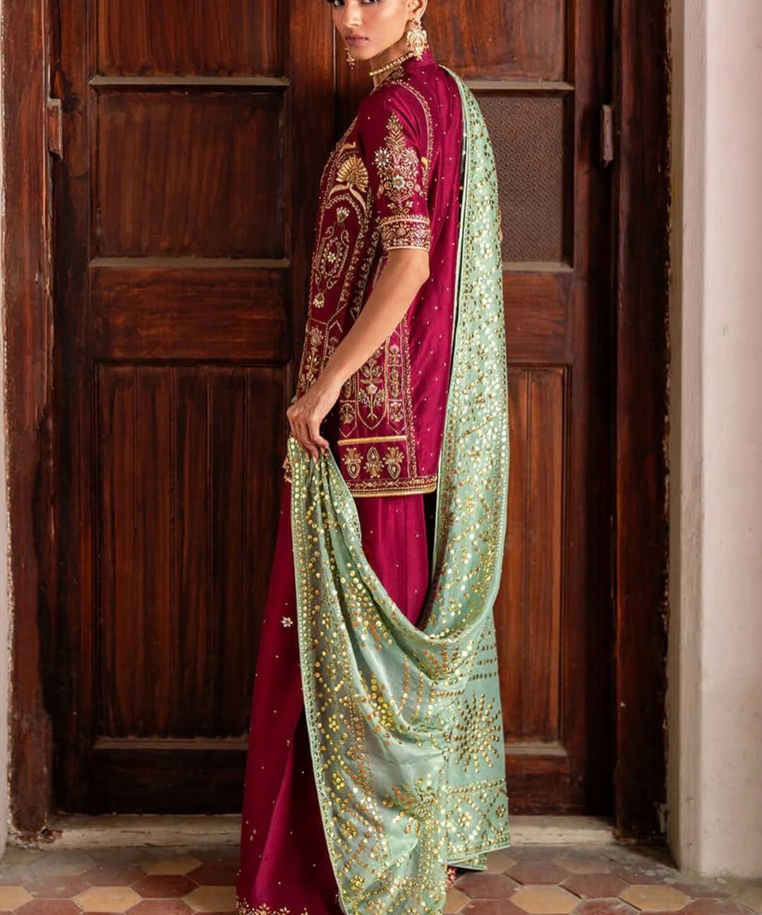 Maroon Embroidered Sharara Suit with Gold Work | Luxury Festive Ethnic Wear - Image 3