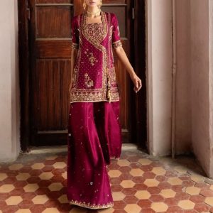 Alternative view of Maroon Embroidered Sharara Suit with Gold Work | Luxury Festive Ethnic Wear
