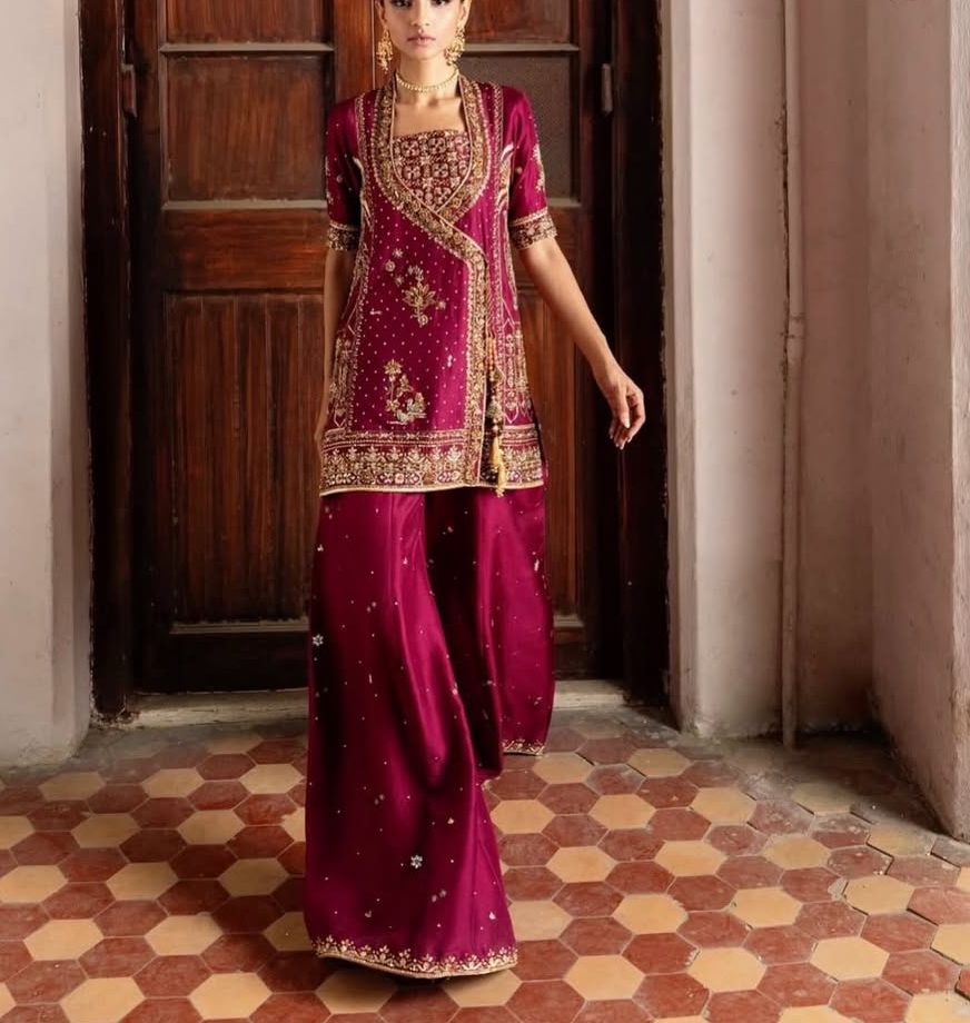 Maroon Embroidered Sharara Suit with Gold Work | Luxury Festive Ethnic Wear - Image 2