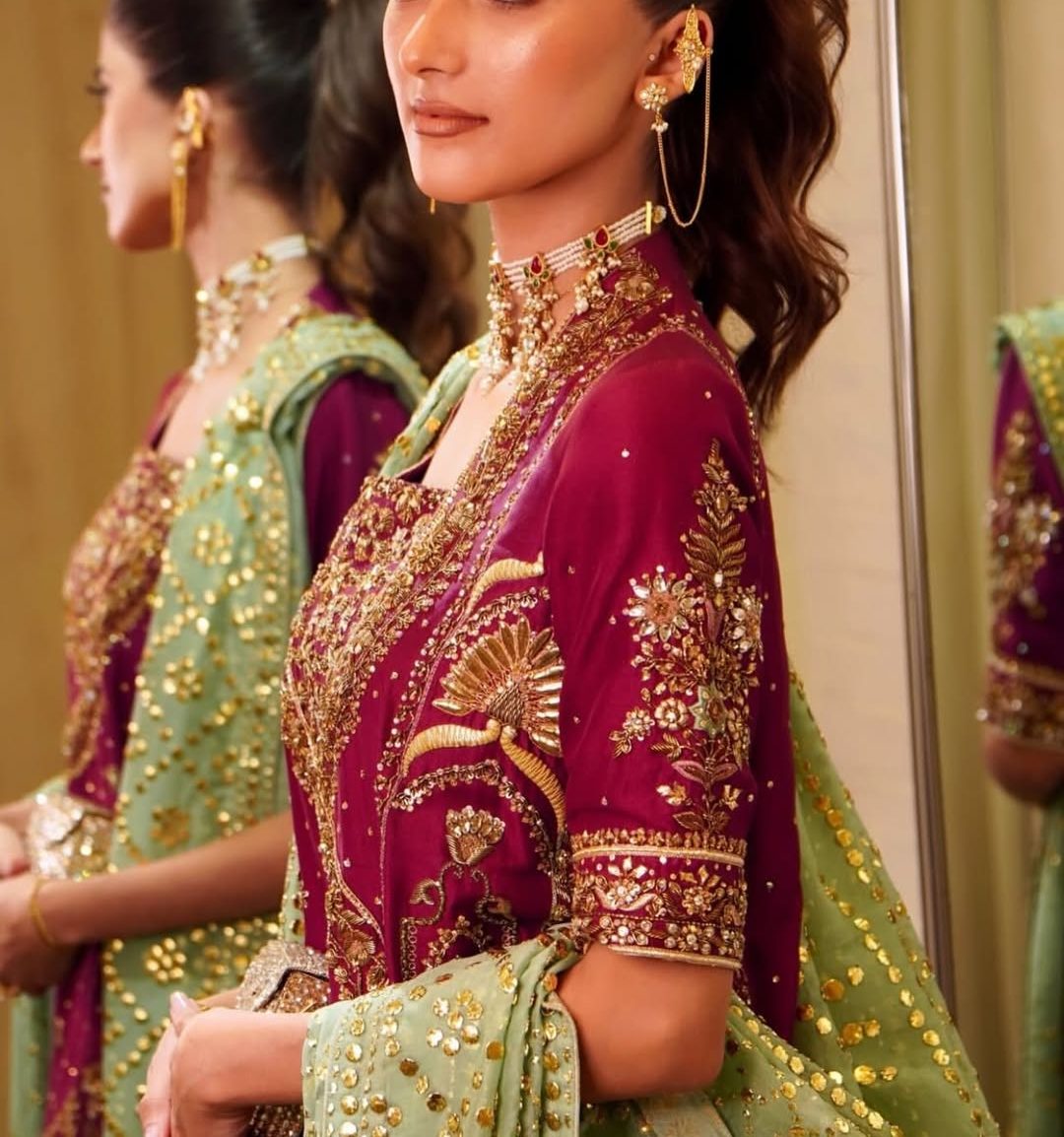 Maroon Embroidered Sharara Suit with Gold Work | Luxury Festive Ethnic Wear - Image 9