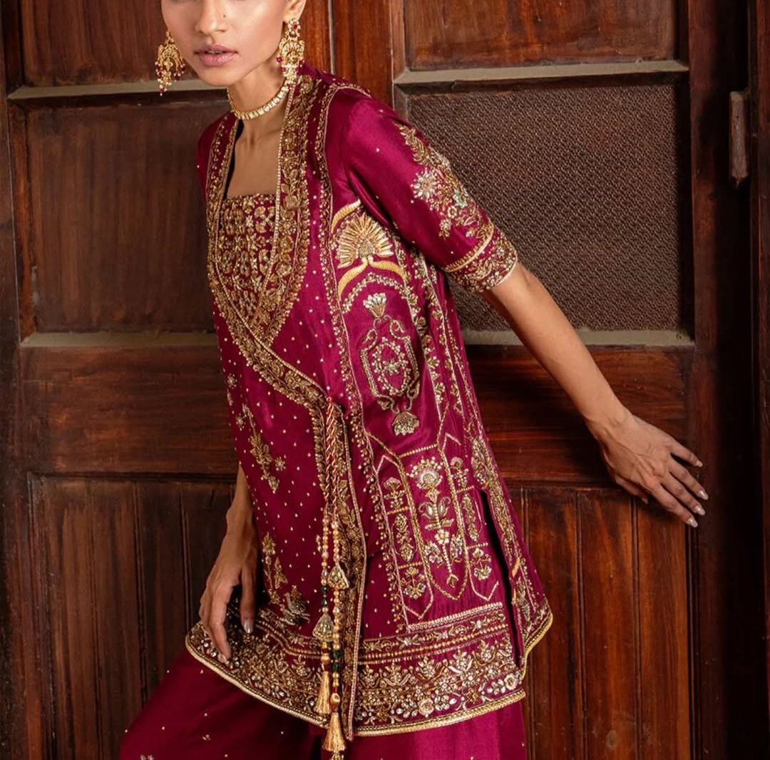 Maroon Embroidered Sharara Suit with Gold Work | Luxury Festive Ethnic Wear - Image 8