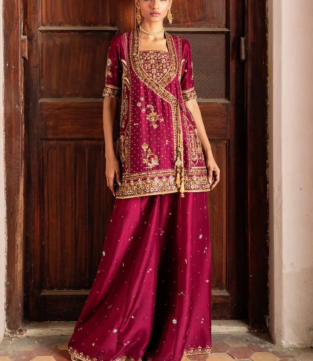 Maroon Embroidered Sharara Suit with Gold Work | Luxury Festive Ethnic Wear - Image 7