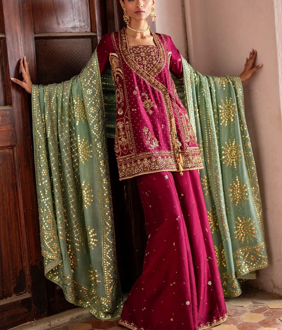 Maroon Embroidered Sharara Suit with Gold Work | Luxury Festive Ethnic Wear - Image 6