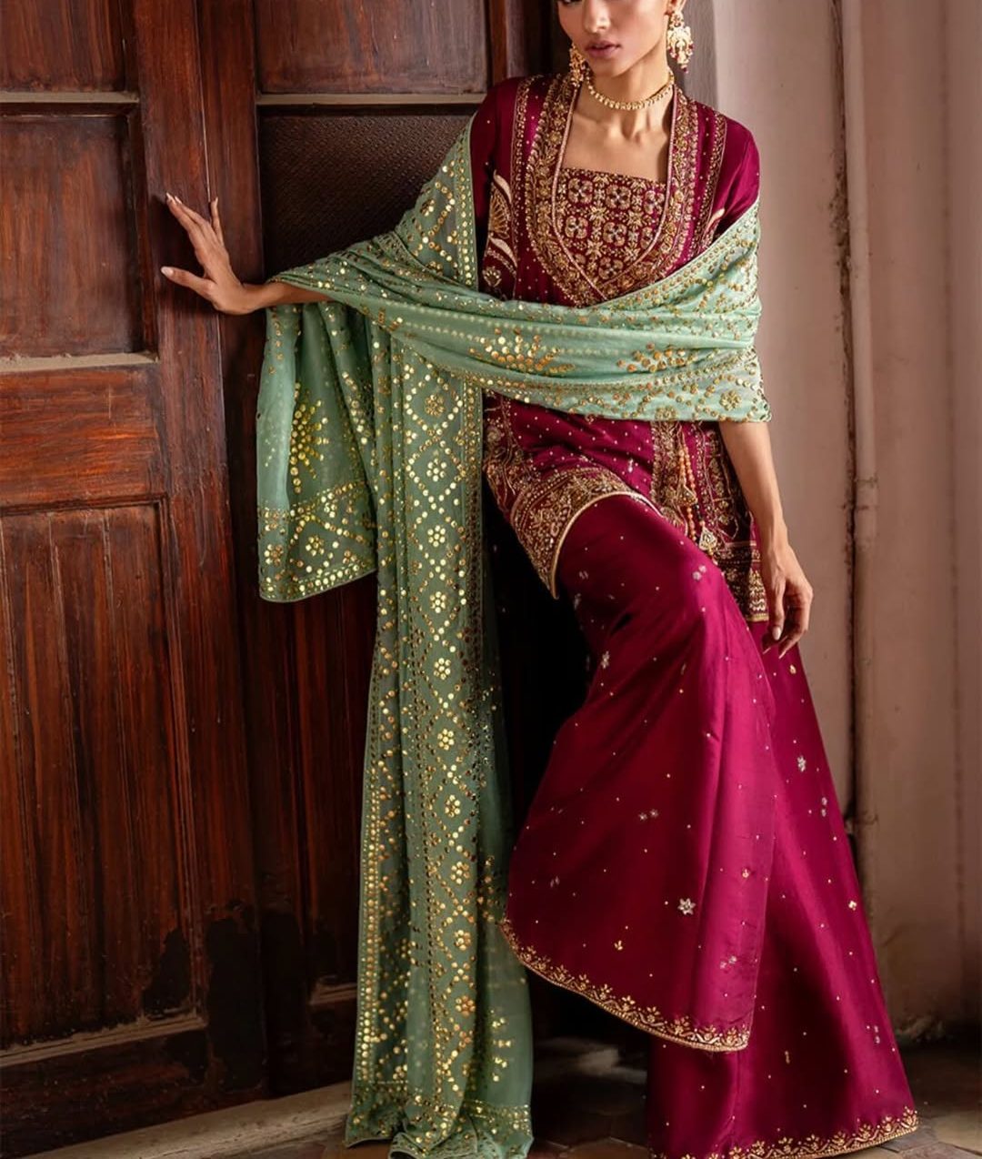 Maroon Embroidered Sharara Suit with Gold Work | Luxury Festive Ethnic Wear - Image 5