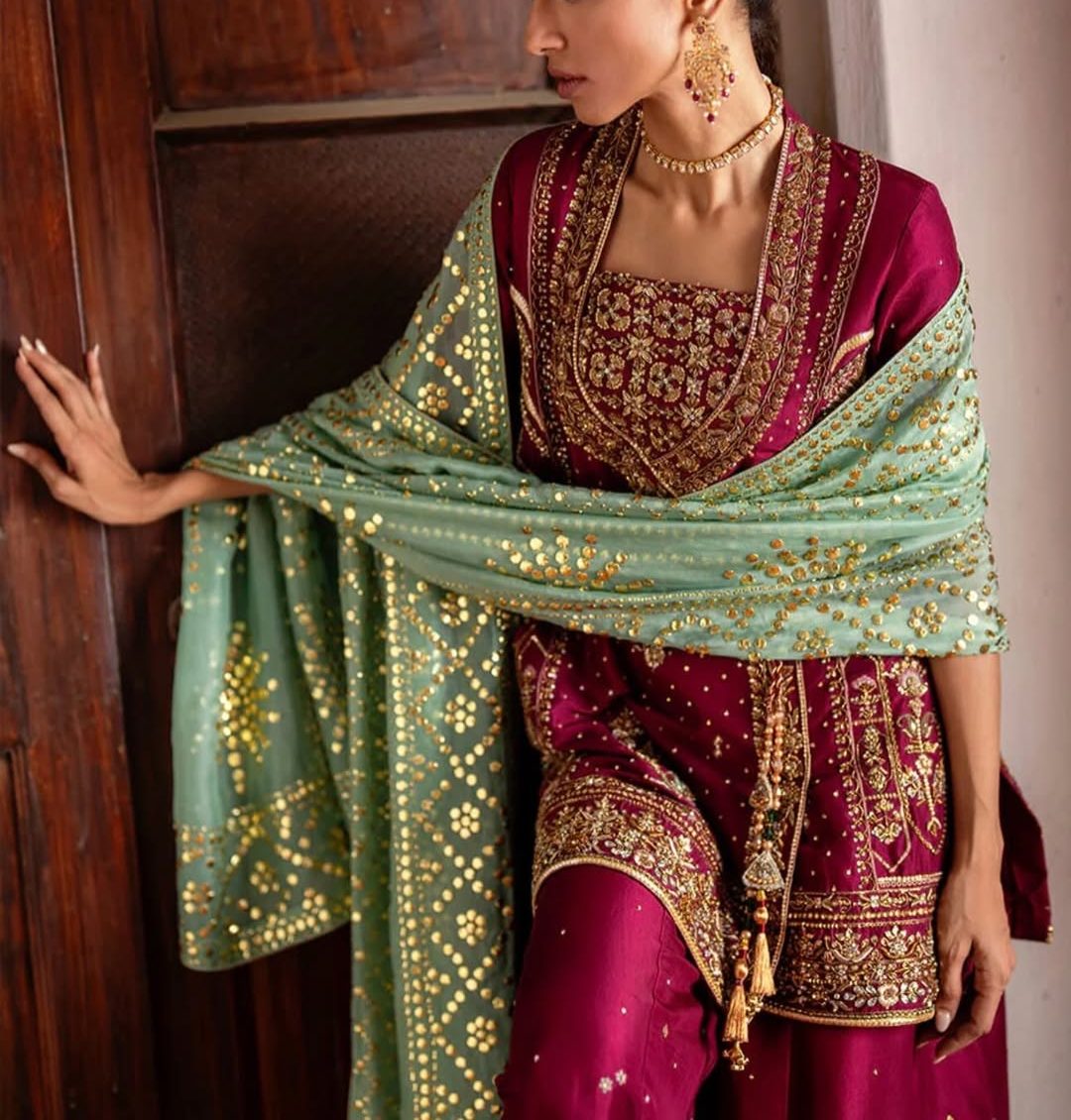 Maroon Embroidered Sharara Suit with Gold Work | Luxury Festive Ethnic Wear - Image 4