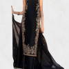 Full-length black straight suit set featuring gold thread embroidery, straight pants, and sheer dupatta.
