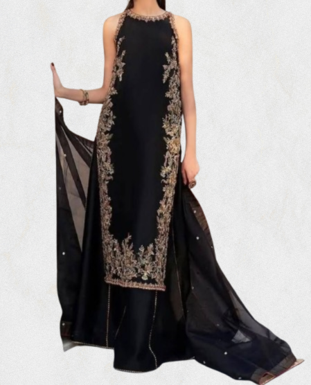 Full-length black straight suit set featuring gold thread embroidery, straight pants, and sheer dupatta.