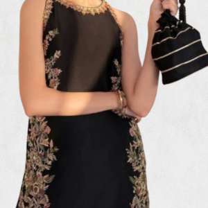 Designer black embroidered kurta set with antique gold embroidery and elegant straight silhouette.