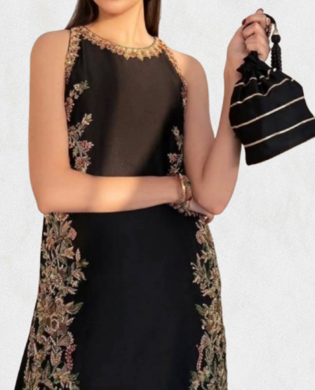 Designer black embroidered kurta set with antique gold embroidery and elegant straight silhouette.