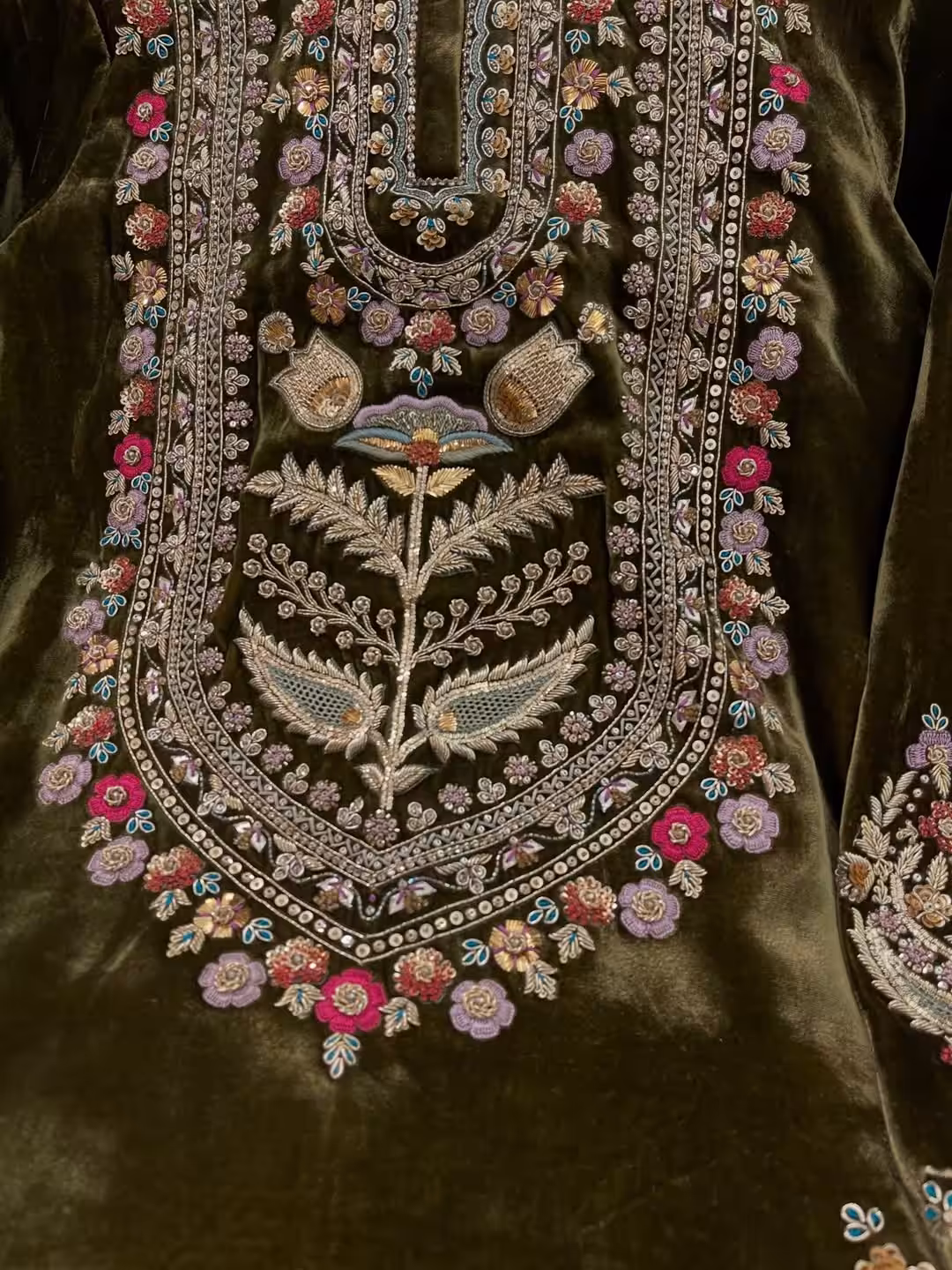 French velvet embroidered dress featuring floral hand embroidery on olive green velvet suit