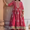Berry magenta spun silk marori work kurta set styled for Indian wedding