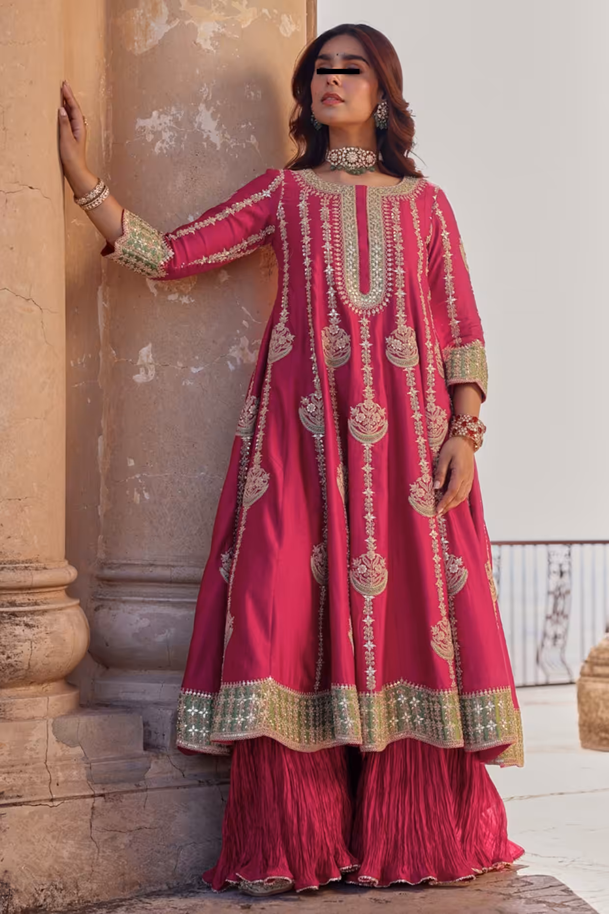 Berry magenta spun silk marori work kurta set styled for Indian wedding