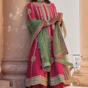 Berry magenta spun silk marori work kurta set front view