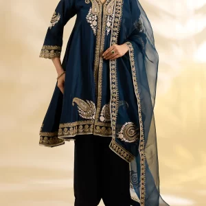 Blue silk Chanderi kalidar anarkali suit front view for Indian weddings