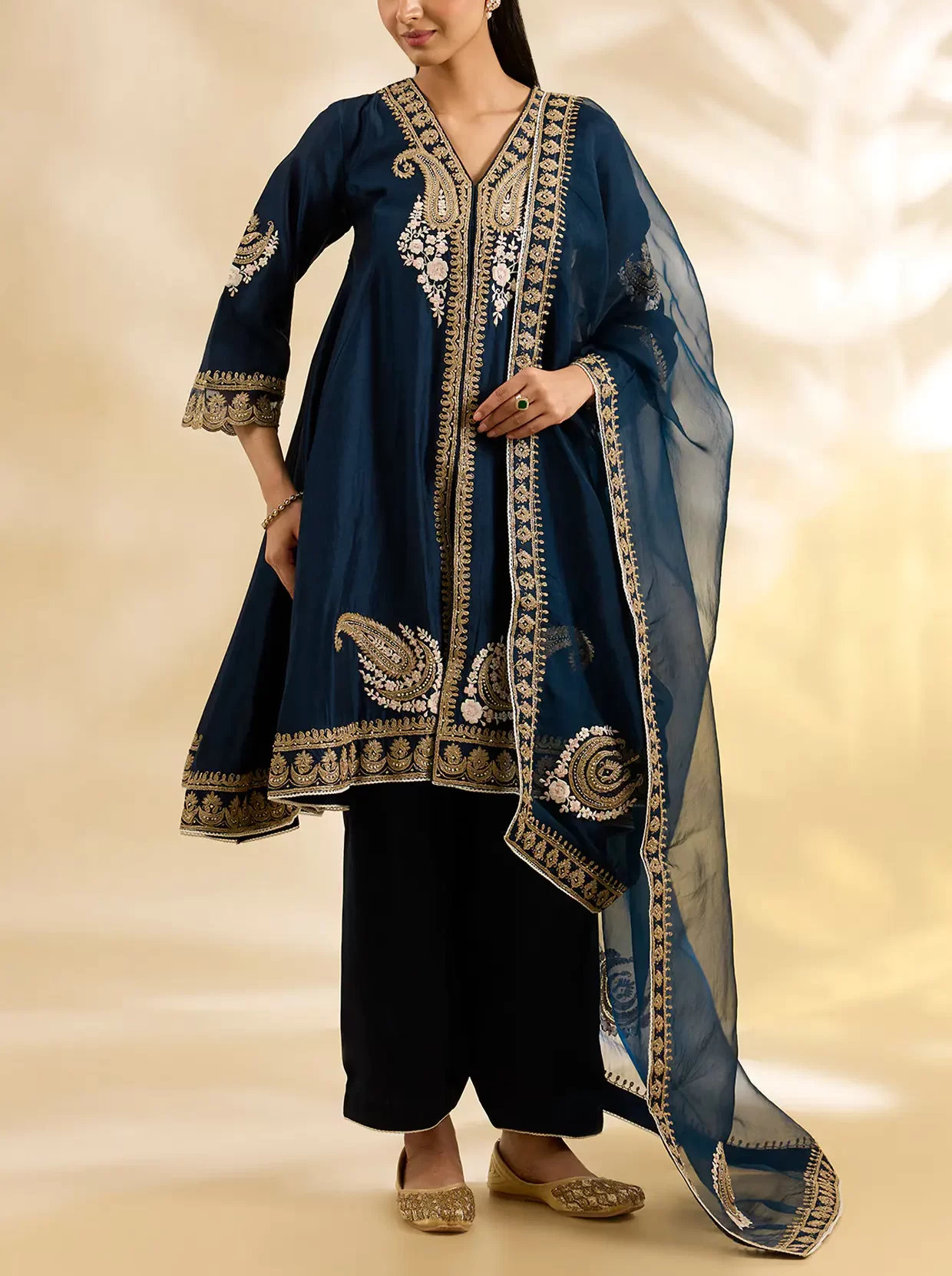 Blue silk Chanderi kalidar anarkali suit front view for Indian weddings