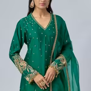 Detail of applique embroidery on green chiniya silk kurta