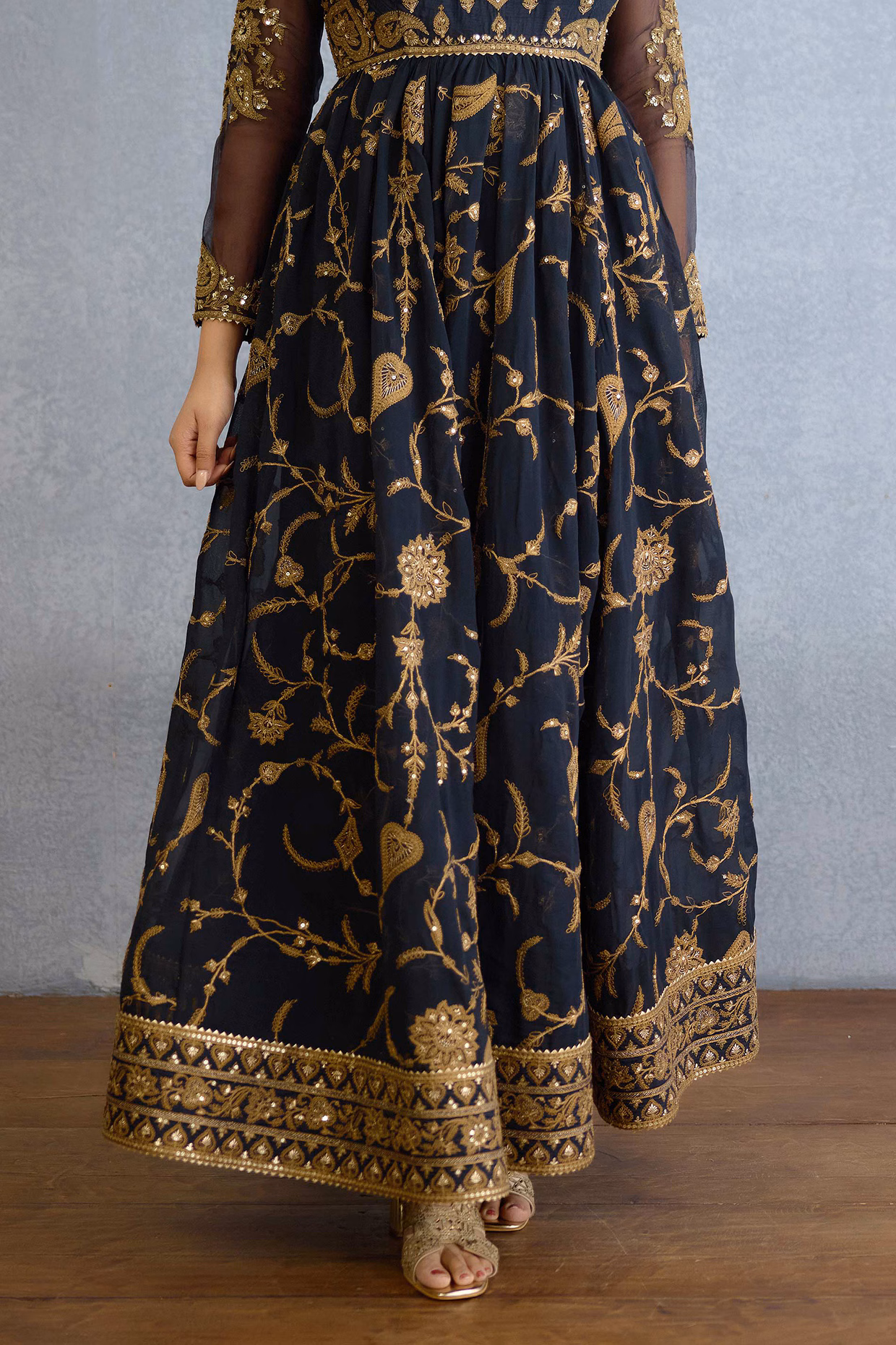 Black Georgette Muslin Silk Anarkali Suit with Zari Work for Indian Wedding and Festive Wear - Image 3