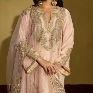 Gota embroidery detail on peach gold tissue silk kurta