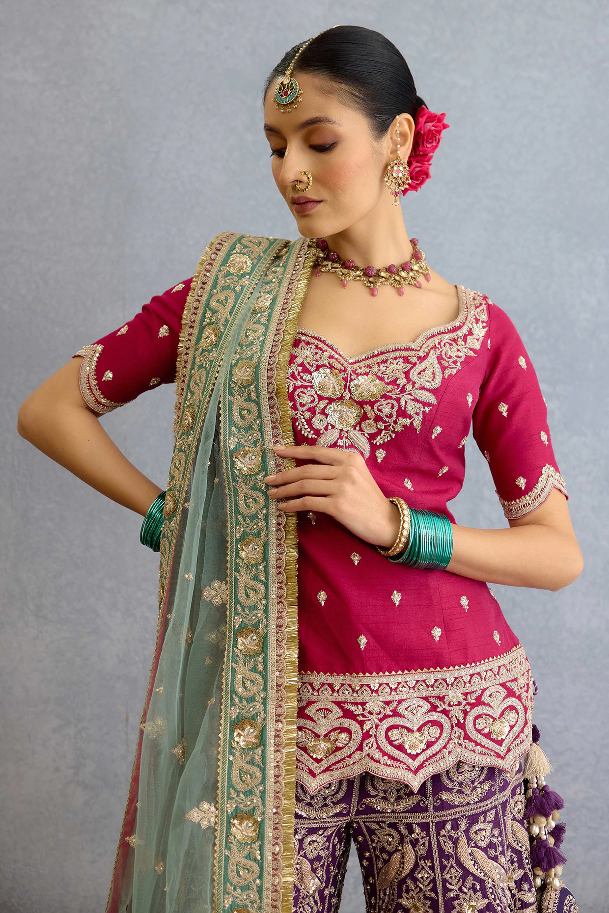 Butterfly net dori embroidered pink kurta sharara set